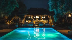 renovated pool at night in houston