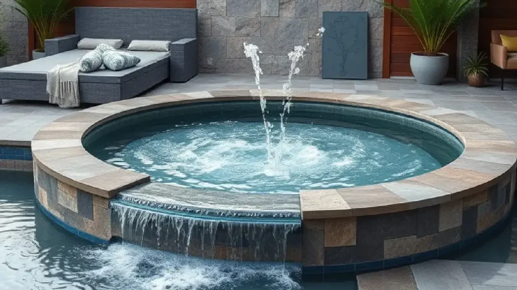A circular spillover spa pool with stone cladding, soothing jets, and a relaxing waterfall, perfect for tranquil outdoor leisure.