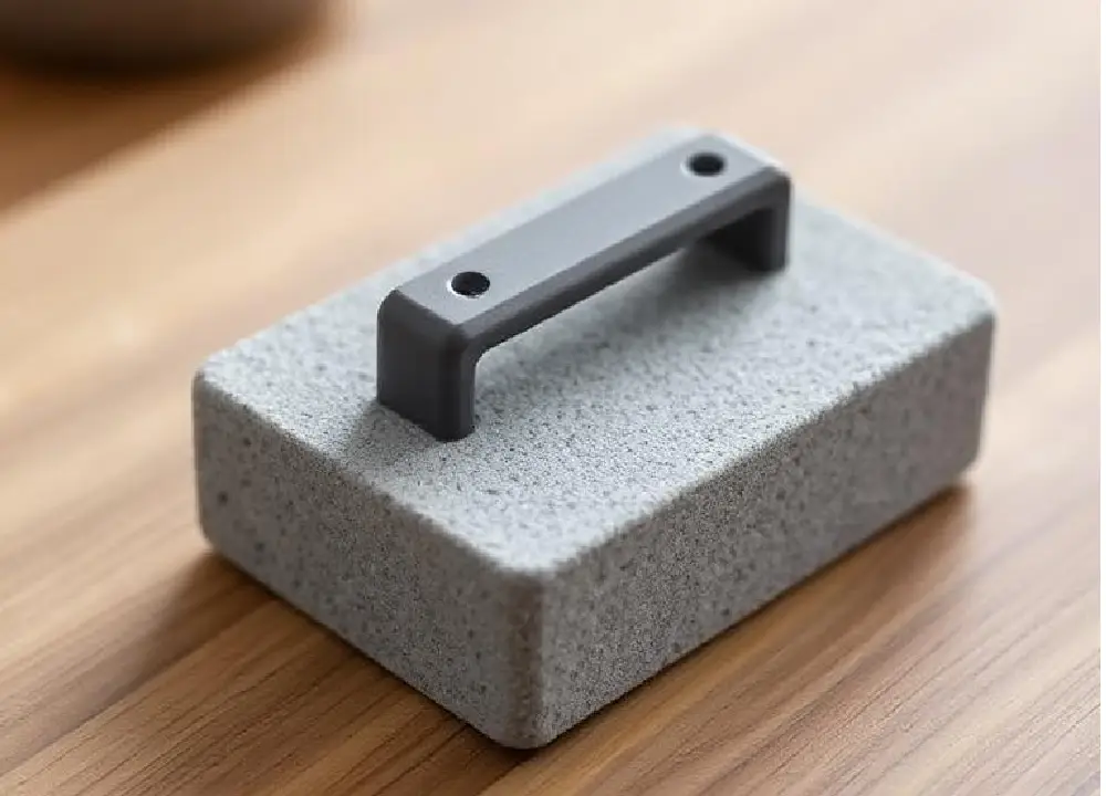 A close-up of a pumice stone cleaner with a sturdy handle, designed for scrubbing and removing stubborn stains, such as calcium deposits, from pool tiles and other surfaces.